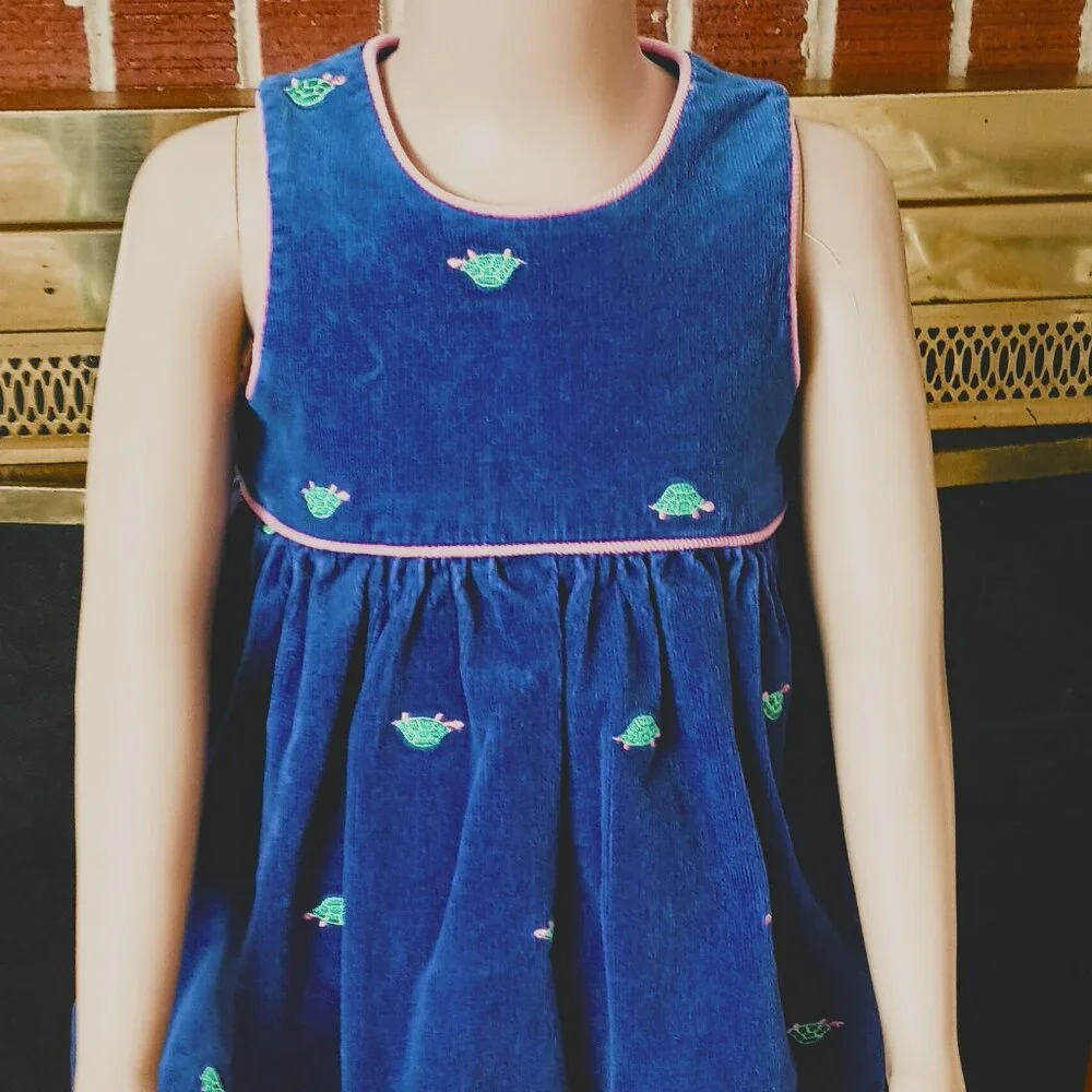 Girl's Vintage Blue Corduroy Dress 3T Pink Embroidered Turtle Girls Jumper